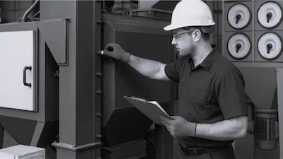 Servicio técnico en granallado — CYM Materiales Tecnico CYM Materiales con casco y clipboard realizando inspeccion diagnostico de equipo de granallado en planta